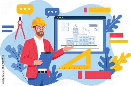 Architect or engineer presenting building plans on a digital screen with tools and speech bubbles