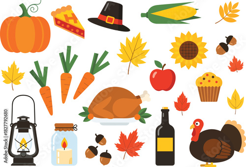 Collection of thanksgiving and autumn harvest icons featuring pumpkin turkey corn pie and fall leaves