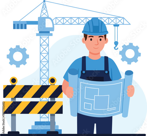 Construction worker holding blueprints with crane and safety barrier in the background on a white background