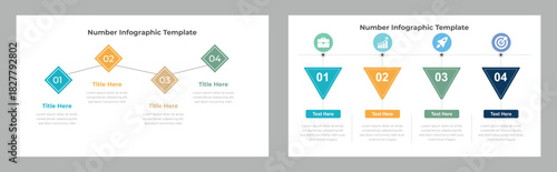 Two Numbered Business Infographic Templates with Four Stages and Different Shapes Displayed SidebySide