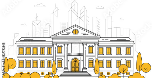 Elegant neoclassical building with grand columns and golden doors set against a sketched cityscape background