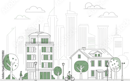 Sketch of a european city street scene with buildings trees and a person on a bicycle