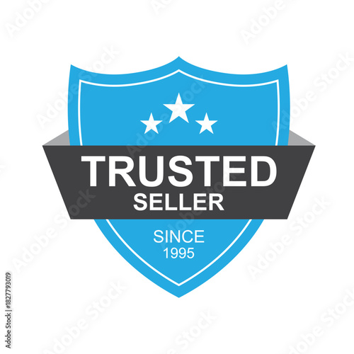 Blue Trusted Seller Badge Icon with Shield and Stars for Verified Business and Quality Assurance Labels