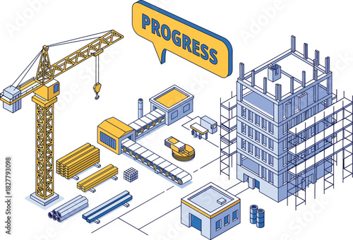 Isometric construction site with crane building under construction scaffolding and heavy machinery in a vibrant yellow and blue palette