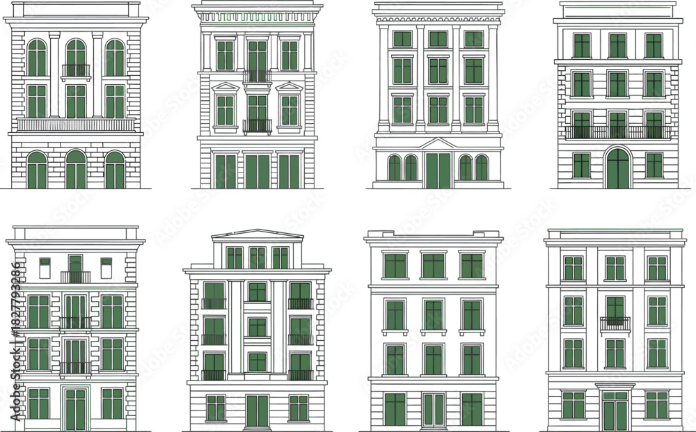 Fototapeta premium Collection of eight detailed architectural illustrations of classic european apartment buildings and facades