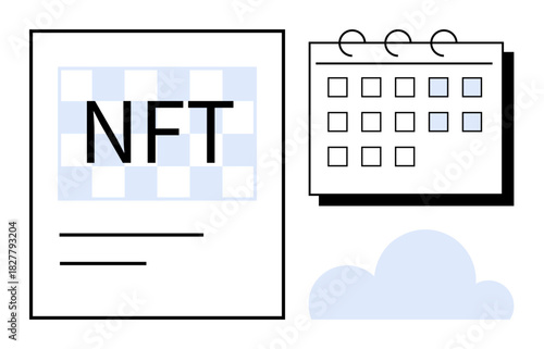 Large NFT document, simple calendar with selected dates, light cloud element. Ideal for blockchain, technology, innovation, investment, cryptocurrency future trends schedule management. Simple flat