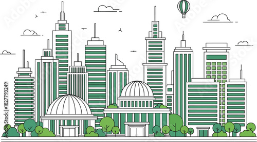 Modern cityscape illustration with tall buildings and greenery under a clear sky