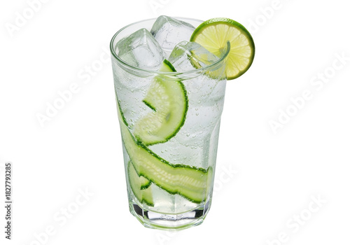 Isolated tall glass of cucumber gin and tonic cocktail garnished with slice of lime