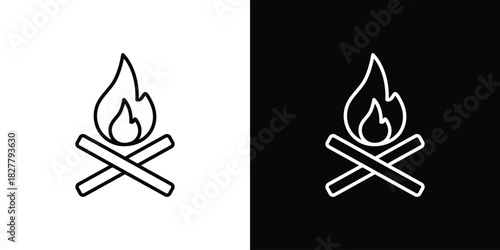 Campfire icons set with editable black and white stroke line style for ui designs