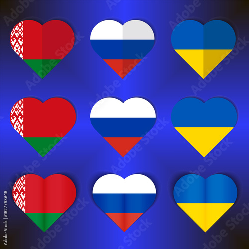Free Download Icons of the flags of Belarus, Russia and Ukraine in the form of hearts in different styles and designs.Vector illustration. - GFXLoad