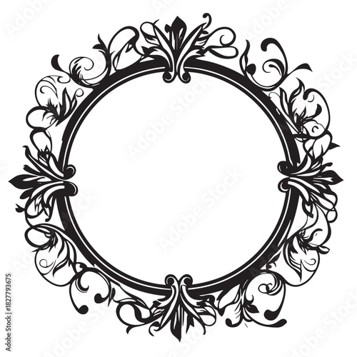Detailed black and white ornate circular frame design for various artistic projects