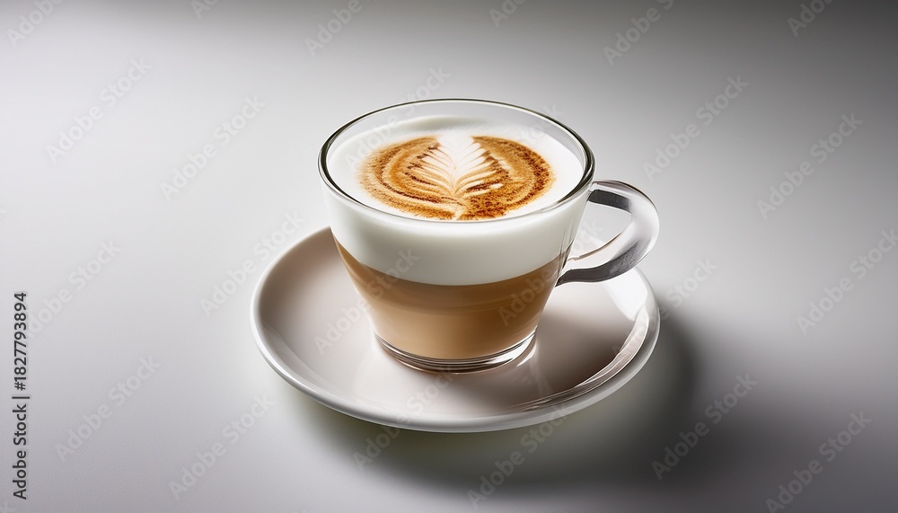 Obraz premium Fresh Cappuccino Served In A Transparent Glass Cup On A White Saucer With Creamy Milk Foam And Delicate Latte Art Swirl Minimal Style