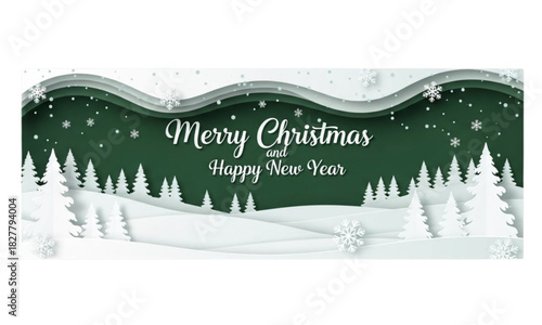 Horizontal green Merry Christmas and Happy New Year greeting card header banner in paper art style with snowy winter landscape snow covered trees for holiday message and festive background
