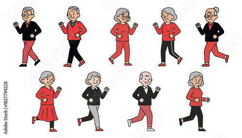  A collection of seniors jogging for fitness and health, enjoying retirement life vector
