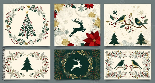 Elegant Botanicals Holiday cards. Abstract creative templates with Christmas tree, reindeers, birds, ornate floral frames and backgrounds.