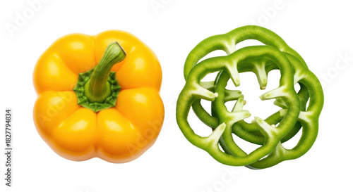 Isolated yellow bell pepper with green pepper slices, fresh and crisp, raw food diet