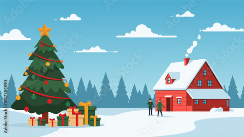 Christmas Illustration Festive Scene with a Christmas Tree, House, and Snow-Covered Landscape
