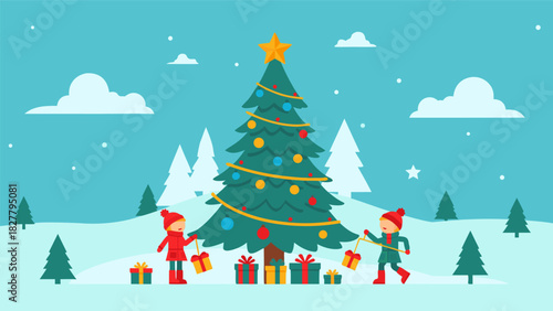 Festive Winter Scene illustration Two children decorating a Christmas tree with presents underneath