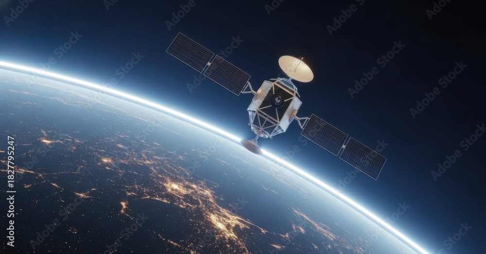 Obraz premium Modern satellite orbits Earth for global telecommunications and data transmission, satellite facilitates communication links across continents.