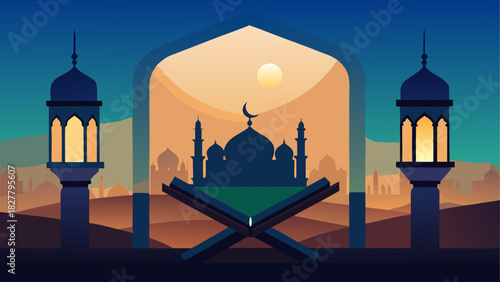 Illustration of a mosque with quran and lanterns against a sunset sky during ramadan kareem season