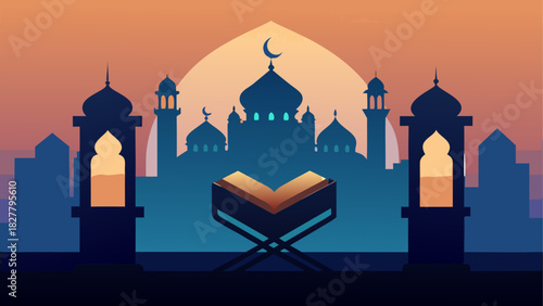 Illustration of a mosque silhouette with a crescent moon and an open book in the foreground view