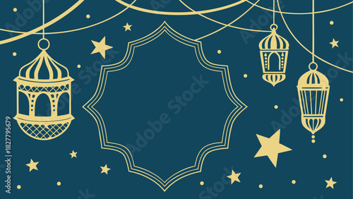 Elegant ramadan background with lanterns stars and decorative frame for islamic festival celebration