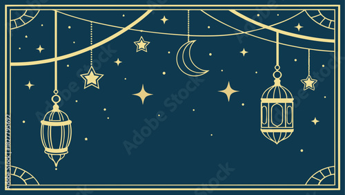 Illustration featuring hanging lanterns, stars, and a crescent moon against a dark blue background