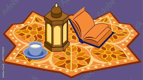 Illustration of a ramadan scene with lantern book and tea on a decorative rug in cartoon style