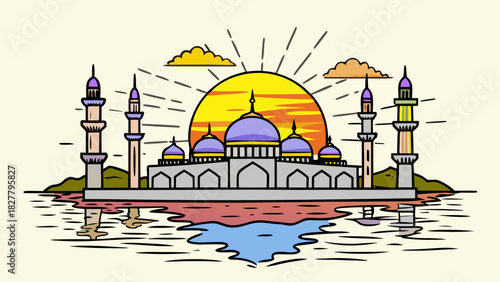 Illustration of a mosque with domes and towers reflecting in water under a sunset sky landscape