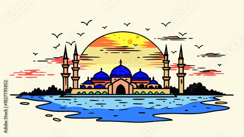 Illustration of a mosque with blue domes and minarets near water under a sunset sky with birds flying 99 chars
