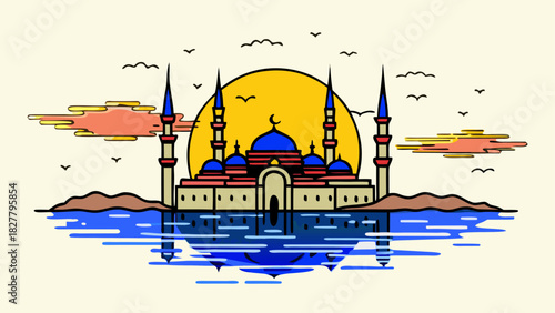 Illustration of a mosque with minarets reflected in water against a sunset background scene view