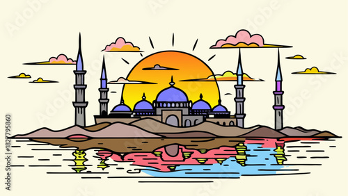 Illustration of a mosque with minarets at sunset reflected in the water with colorful clouds above it