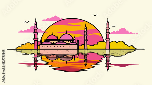 Illustration of a mosque with domes and minarets reflected in water at sunset landscape view