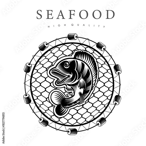 Perch fish vector emblem with fishing net background isolated on white. Design of label for canned fish and seafood