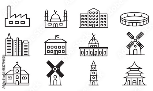 World Architecture Icon Set – Cultural, Civic, and Religious Building Line Art Collection