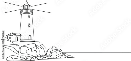 Hand drawn lighthouse on rocky coastline illustration in black and white