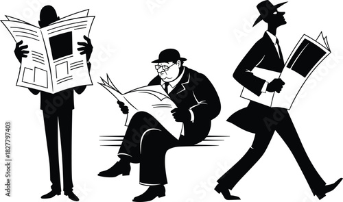 Set of three distinct vector illustrations of men reading newspapers, representing business, secret agent, classic style, information consumption, and daily news concept