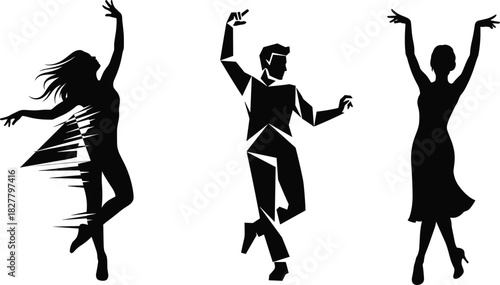 Set of three black silhouettes of diverse dancers: a woman dissolving into piano keys, a geometric man figure, and a stylish female performer in motion, symbolizing artistic freedom