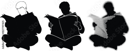 Set of Three Silhouettes of Young People Sitting Cross-Legged and Reading Newspapers, Information Delivery, Daily News, and Communication Halftone Vector