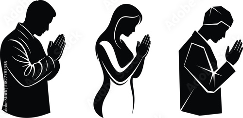 Set of three vector silhouettes depicting a man and woman praying or showing respect with hands clasped, symbolizing spirituality, devotion, and religious ceremony