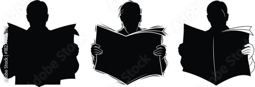 Vector silhouettes set of a man reading a large newspaper, representing morning news, business information, daily reading, and information consumption concept