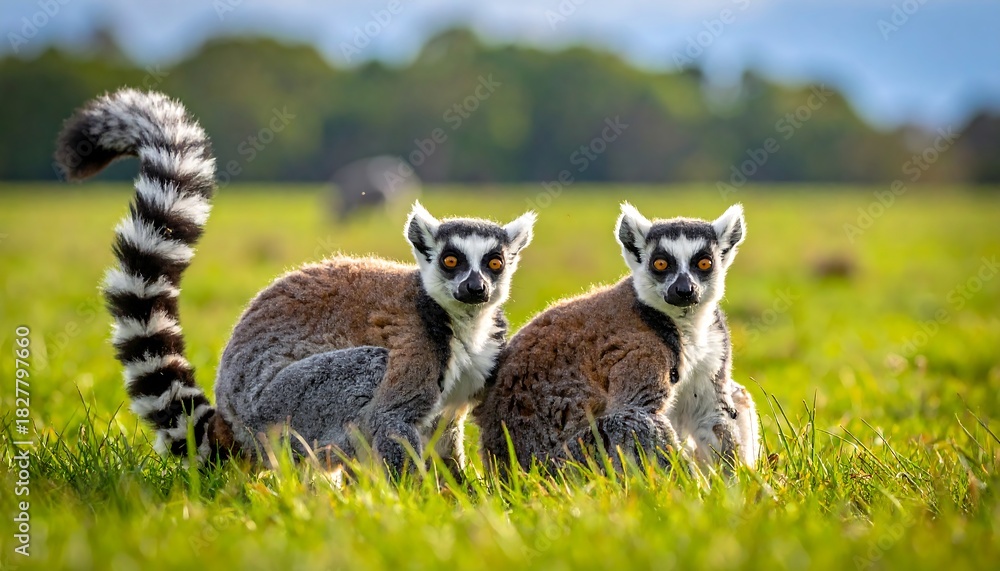 Obraz premium Two ring-tailed lemurs sit side-by-side in sunny green grass, tails visible in a grassy field