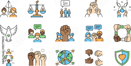 Collection of Diverse Icons Representing Social Issues, Human Rights, Unity, Peace, and Equality Concepts with Vibrant Colors