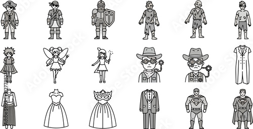 Collection of Diverse Cartoon Characters and Outfits Including Pirates, Knights, Zombies, Fairies, Cowboys, and Superheroes Icons
