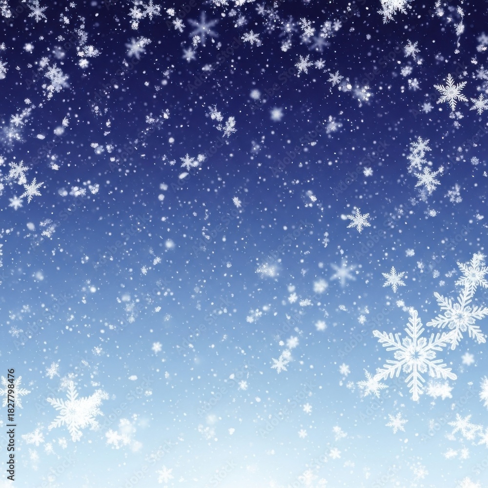 Fototapeta premium A Whimsical Descent: Gentle Snowflakes Falling on a Gradient Azure Backdrop Scene