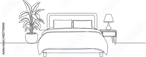 Bedroom interior line art bed plant and nightstand illustration