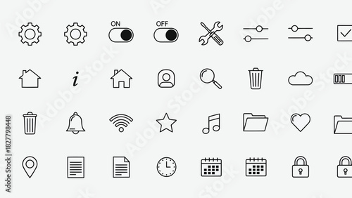 UI and Web Interface Line Icons Set – Settings, Controls, Navigation, Media, Cloud, Security Symbols