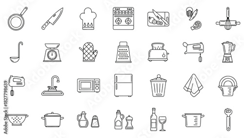 Kitchen and Cooking Line Icons Set – Utensils, Appliances, Food Prep, Culinary Tools