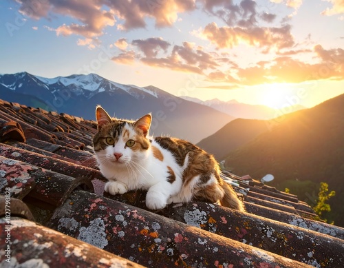 Cat lounges on an old tile roof during sunset with mountains and valleys visible in the background