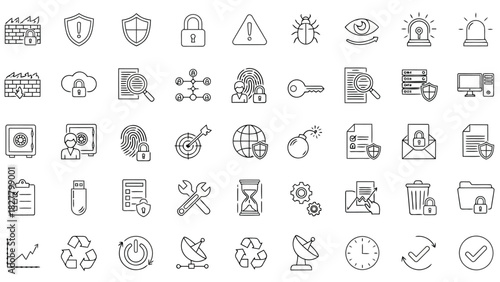 Cybersecurity and Data Protection Line Icons Set – Privacy, Encryption, Safety, Network Security Symbols